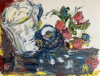 Still life with coffee cup, jug and roses